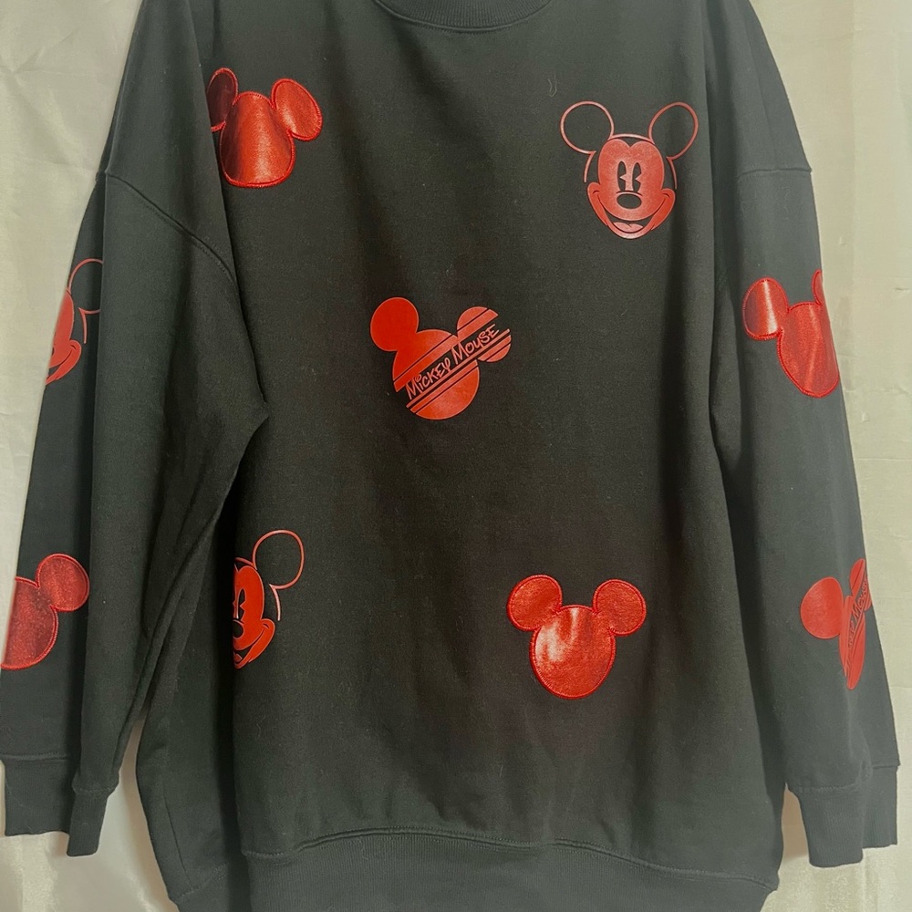 Disney Parks Black Crewneck Sweater with Red Mickey Mouse Design. Size XL